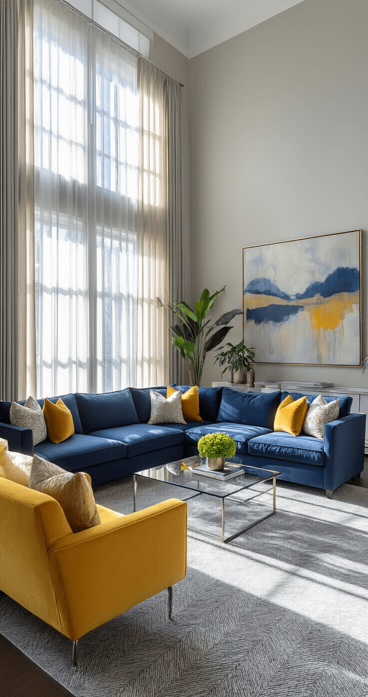 A spacious living room with high ceilings and large windows, featuring a plush grey herringbone carpet, a deep blue L-shaped sectional, mustard yellow accent chairs, and a glass coffee table, bathed in late afternoon sunlight.