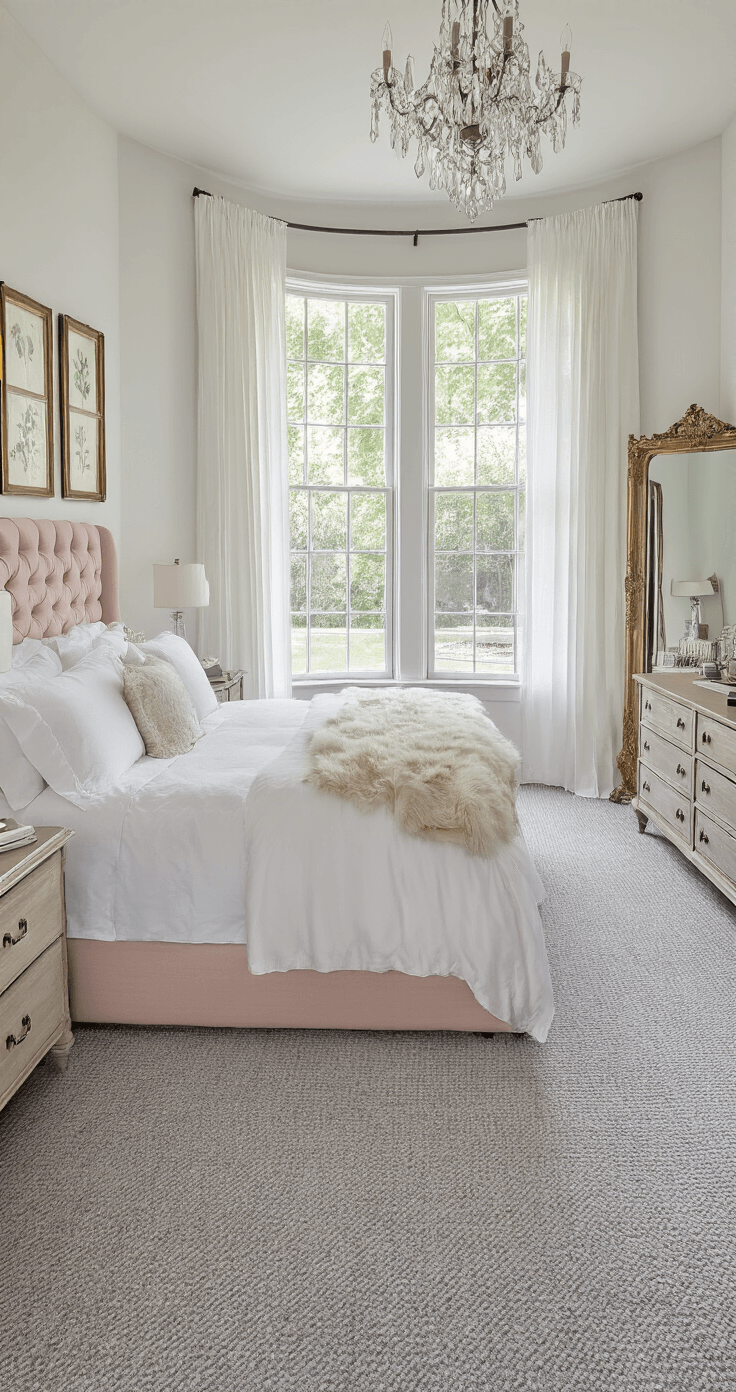A cozy 12x14ft bedroom featuring a king-size blush pink bed, white linens, and faux fur throw, with soft morning light streaming through a bay window adorned with gauzy curtains. The room has a luxurious grey Berber carpet, weathered wood nightstands with glass lamps, a vintage dresser, and a full-length mirror, all complemented by botanical prints, a crystal chandelier, and pastel-colored books, creating a dreamy and romantic atmosphere.