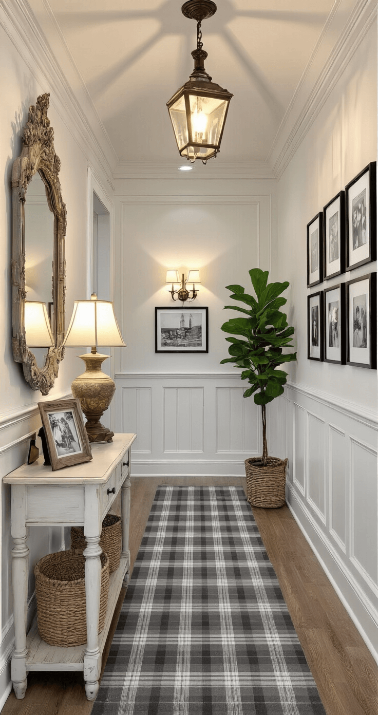 A narrow hallway with beadboard wainscoting and a vaulted ceiling, featuring a grey tartan carpet runner, a distressed white console table with a vintage lamp and family photos, a large ornate mirror, a gallery wall of black and white photographs, a potted fiddle leaf fig, and a woven basket, illuminated by warm ambient light from wall sconces.