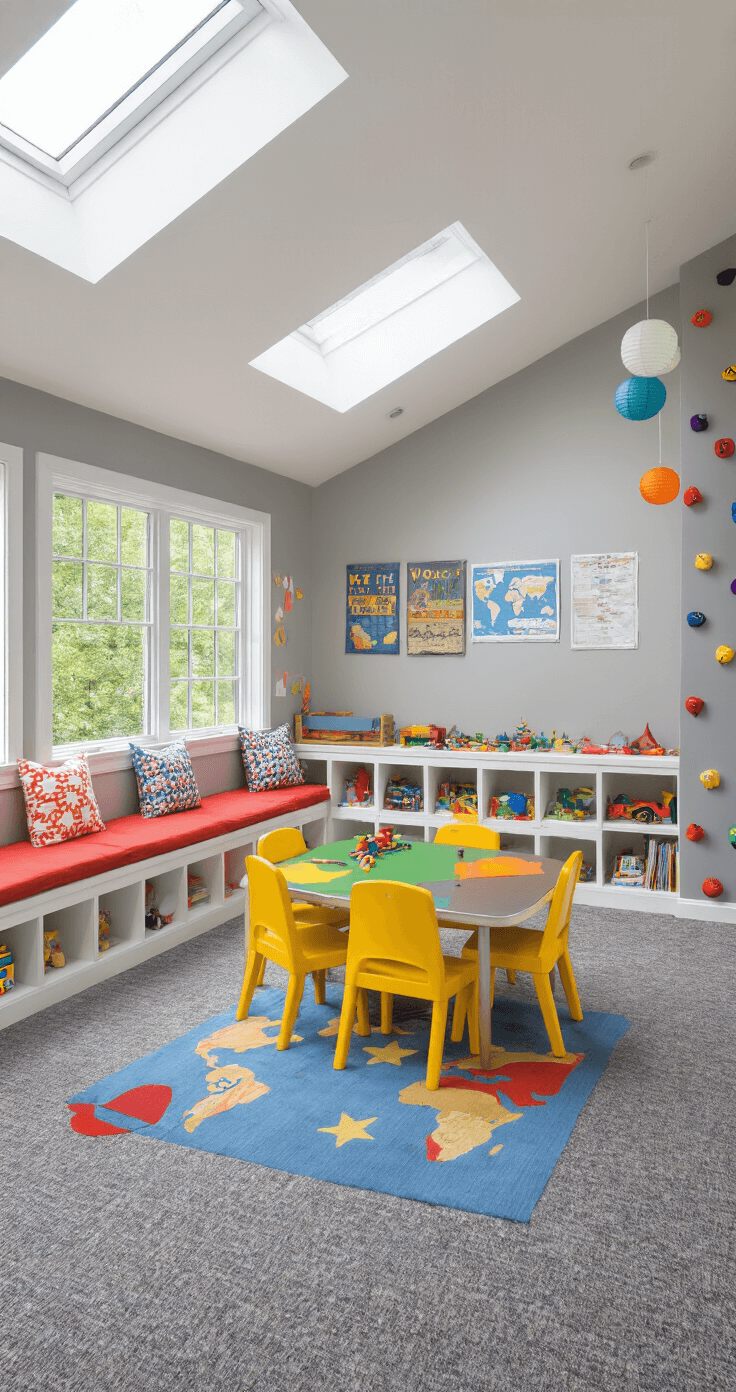 A colorful playroom with a grey patterned carpet, natural light from skylights, a cozy window seat, shelves filled with toys and books, a central activity table with yellow chairs, a climbing wall, and vibrant decorations, captured from a high corner angle.