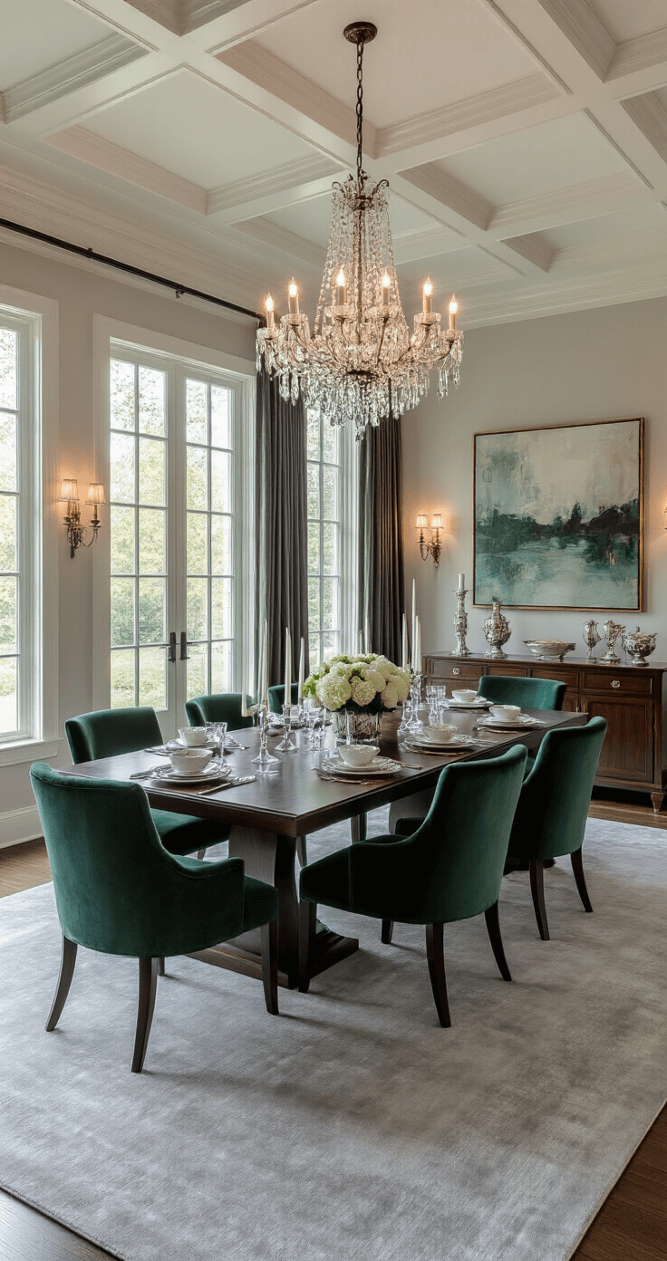 Elegant dining room featuring dark walnut table, emerald green chairs, and a crystal chandelier, with soft evening light illuminating textured grey carpet and luxurious decor.