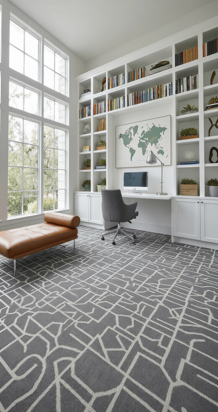 A bright and airy contemporary home office with floor-to-ceiling windows, featuring a geometric patterned grey carpet, a sleek white desk with a charcoal grey ergonomic chair, built-in bookcases with color-coded books, a cognac leather chaise lounge, and greenery, captured from a high corner angle.