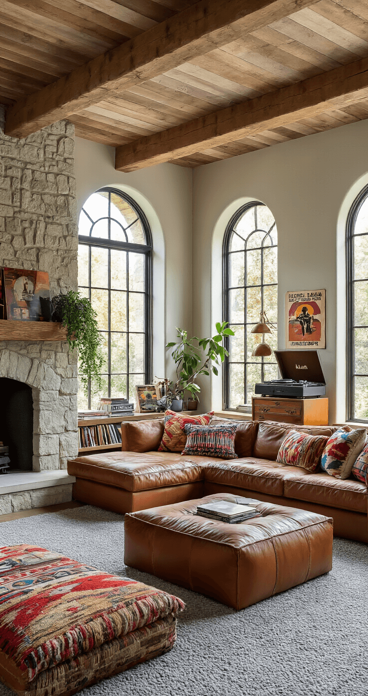 A cozy den featuring exposed wooden beams and a stone fireplace, illuminated by warm afternoon light streaming through arched windows. The plush grey carpet complements a large brown leather sectional filled with colorful kilim pillows, opposite a vintage record player and mid-century console. Floating shelves hold vinyl records and art books, while an oversized distressed leather ottoman serves as a coffee table. The decor includes vintage concert posters, a Moroccan-inspired floor lamp, and trailing plants, creating an inviting atmosphere.