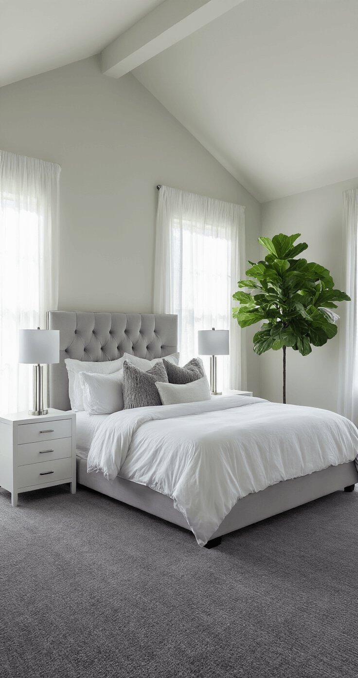 A spacious master bedroom with vaulted ceilings, featuring a king-size bed, plush dark grey carpet, and abundant morning light filtering through sheer curtains.