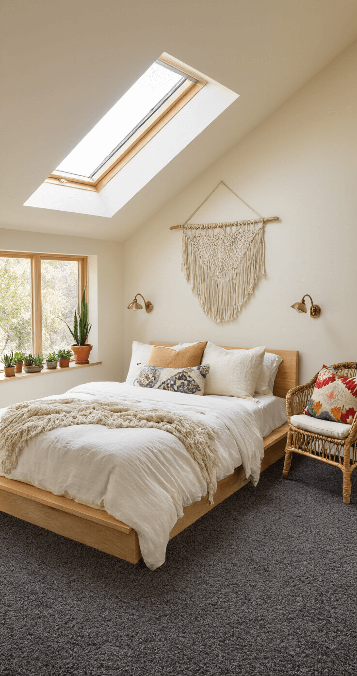 A cozy bedroom nook with sloped ceiling, featuring a full-size platform bed dressed in soft linens, warm sunlight from a skylight, dark grey carpet, cream walls, macramé wall hanging, rattan chair with colorful pillows, and potted succulents on the windowsill.