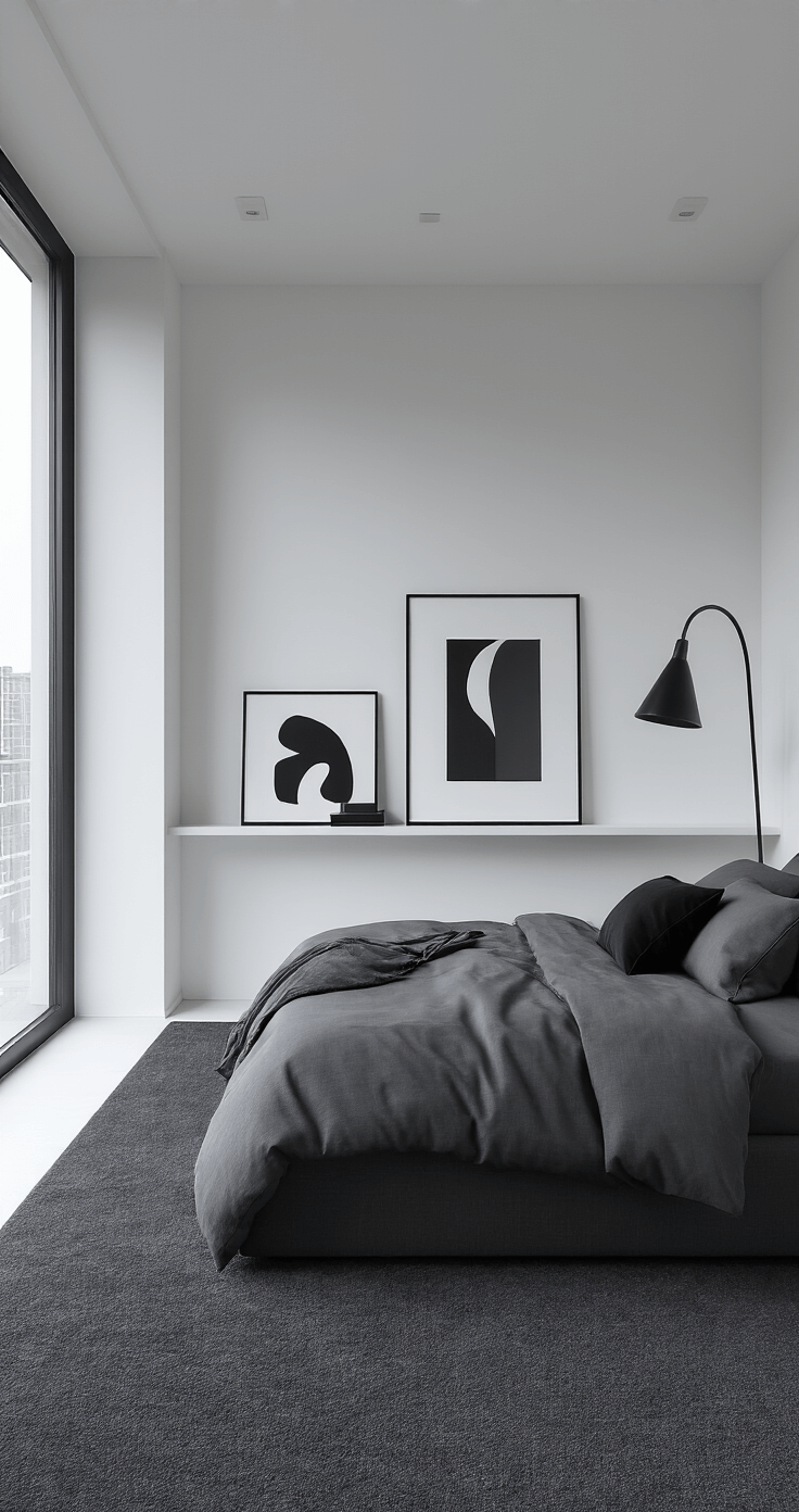 Chic minimalist bedroom featuring a low-profile queen bed with charcoal linen, dove grey bedding, and a black throw pillow, set against stark white walls and a dark grey carpet; includes an arching black floor lamp and a floating white shelf with black and white art pieces, captured in soft evening light.