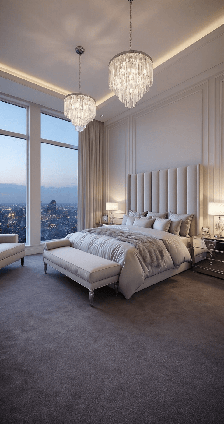 Luxurious master suite at twilight featuring floor-to-ceiling windows, a California king bed with a channel-tufted velvet headboard, and plush dark grey carpet, illuminated by crystal chandeliers and city lights.