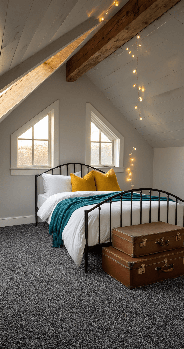 A cozy attic bedroom with exposed wooden beams, golden hour sunlight streaming through dormer windows, dark grey carpet, a wrought iron double bed with white linens and colorful throw pillows, vintage suitcases as a nightstand, and string lights draped along the beams, all captured from a floor-level perspective.