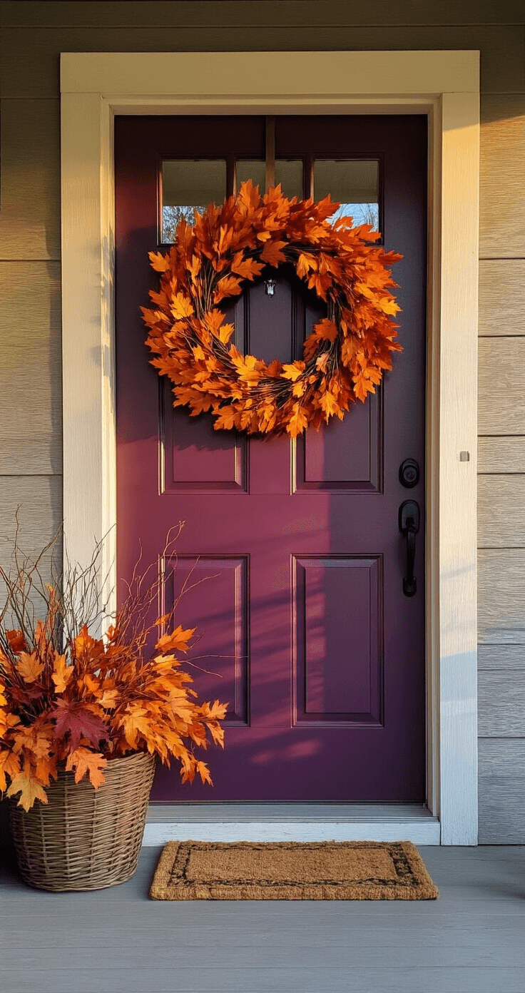 Fall Small Front Porch Ideas A cozy porch featuring a plum-colored door with an oversized autumn wreath, complemented by a rustic basket filled with faux foliage, all illuminated by warm golden hour light.