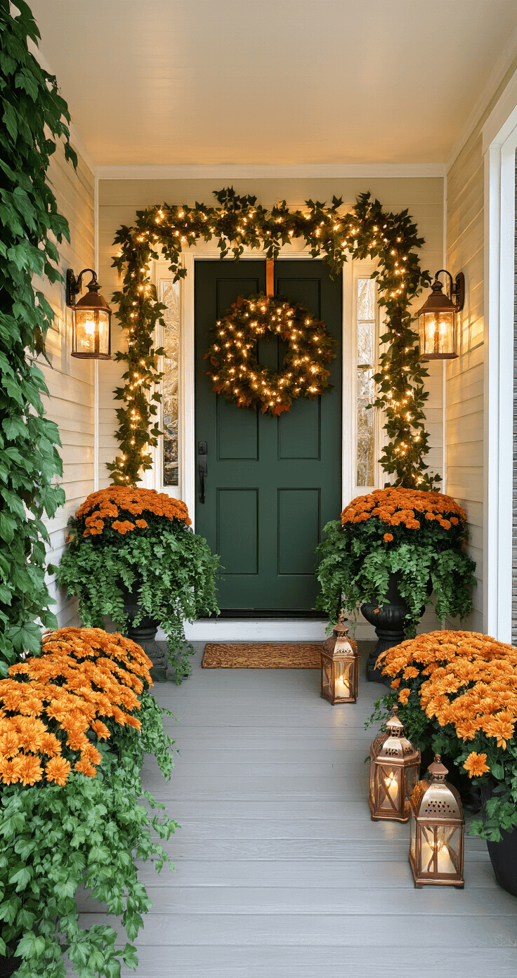 Fall Small Front Porch Ideas Aerial view of a narrow porch featuring vertical design elements, with wall planters filled with ivy and mums, adorned with a garland of faux maple leaves and fairy lights around the door, and symmetrical copper lanterns on either side, set in a color palette of deep greens, burnt oranges, and warm copper tones, creating a cozy atmosphere.
