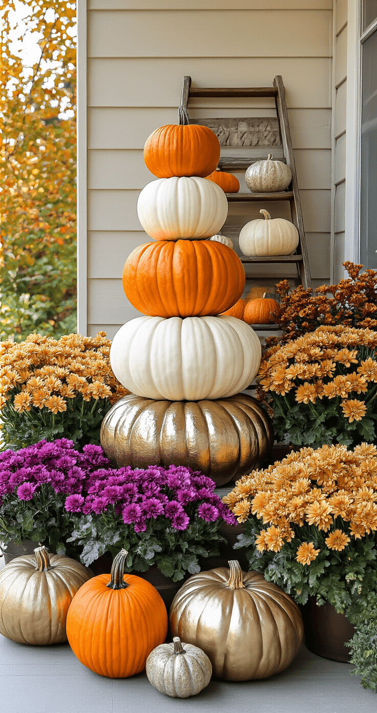 Fall Small Front Porch Ideas A cozy porch corner featuring a tiered display of white, orange, and metallic pumpkins surrounded by ornamental cabbage and purple and golden chrysanthemums, with a vintage wooden ladder in the background showcasing additional gourds and fall foliage, all illuminated by warm, directional lighting.