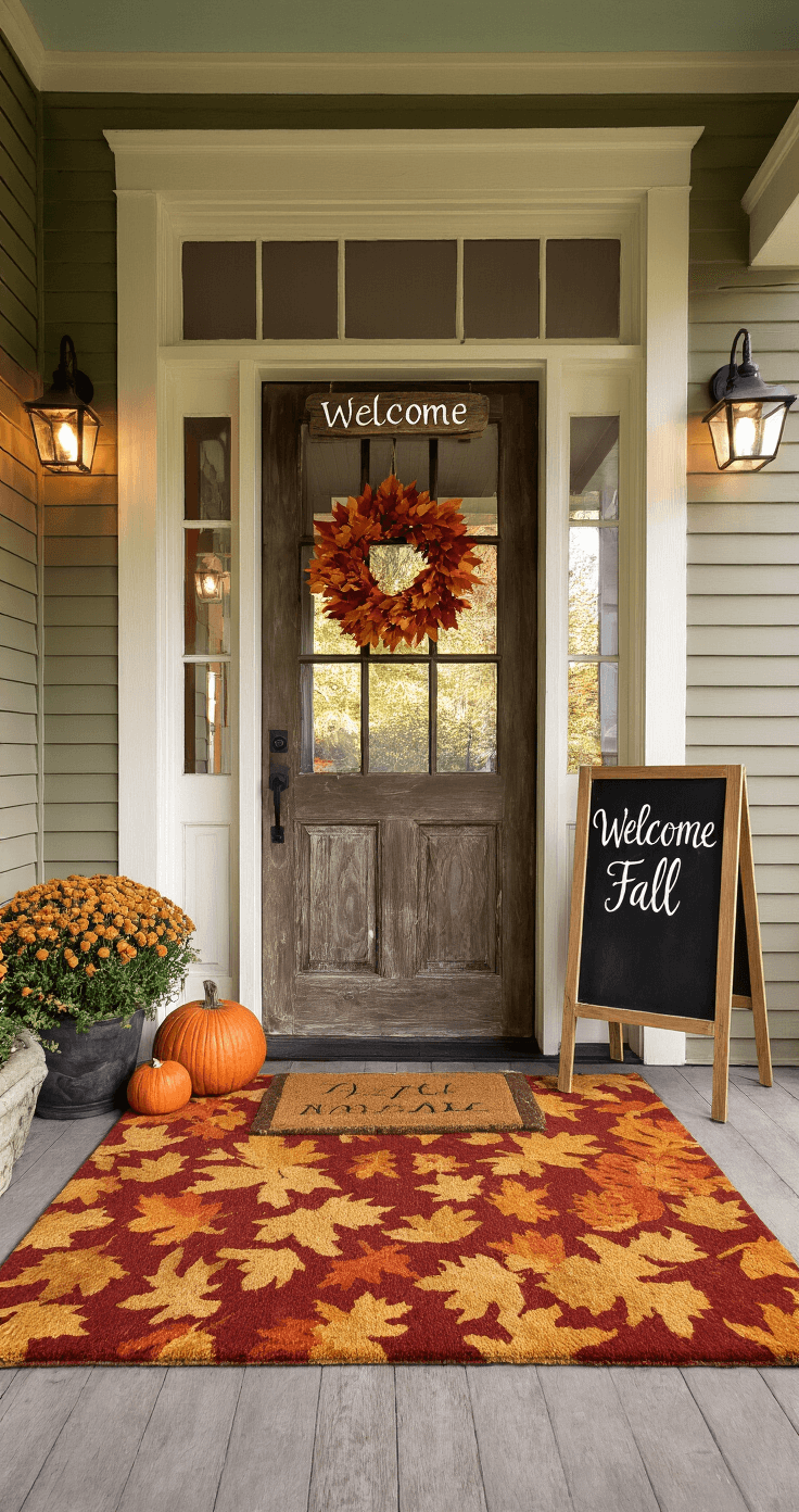 Fall Small Front Porch Ideas A cozy porch entrance featuring a plush leaf-patterned doormat in autumn colors, a weathered wood door, a rustic 'Welcome Fall' sign, and a chalkboard easel with a whimsical message, all illuminated by soft, diffused lighting.