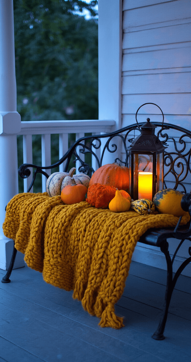 Fall Small Front Porch Ideas A cozy 4x8 ft porch at dusk featuring a wrought iron bench with a mustard yellow chunky knit throw, adorned with heirloom pumpkins, gourds, and a vintage lantern with a flickering LED candle, creating a warm glow against the cool blue evening backdrop.