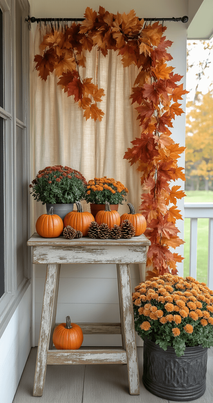 Fall Small Front Porch Ideas A cozy 3x5 ft porch space with a distressed wooden stool displaying mini pumpkins, pinecones, and a small potted mum, accented by a branch-style curtain rod holding a lush garland of faux maple leaves, all in warm earth tones with highlighted reds and oranges under soft, angled lighting.