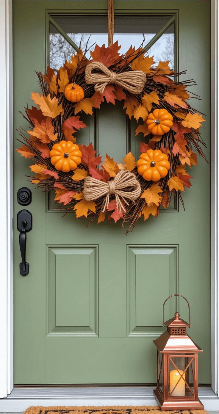 Fall Small Front Porch Ideas A close-up of an ornate autumn wreath made of preserved leaves, twine-wrapped twigs, and miniature pumpkins, hanging on a sage green door. A small copper lantern on the ground casts a warm glow, highlighting the rich textures and colors of the wreath.