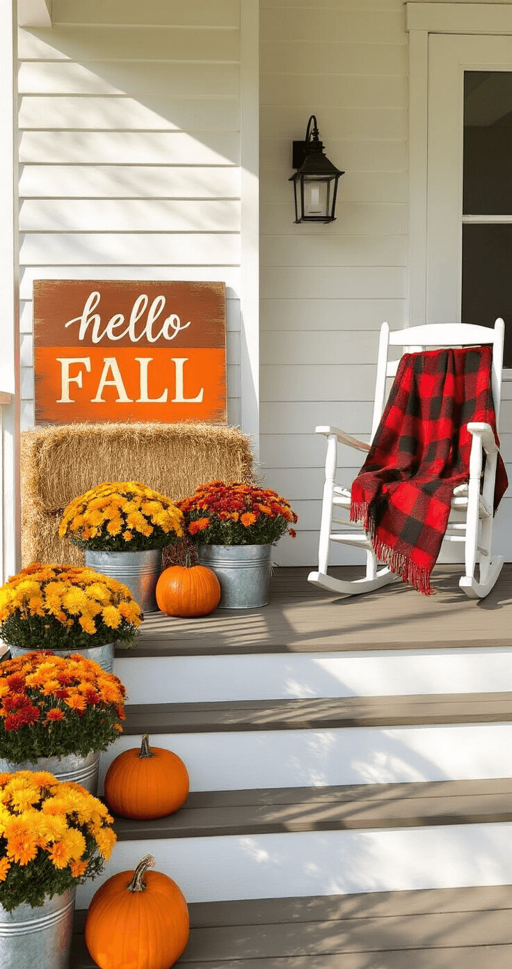 A cozy farmhouse-style front porch decorated for fall, featuring a 'Hello Fall' sign, vibrant mums in metal planters, a rocking chair with a plaid blanket, and pumpkins on the steps, all bathed in warm afternoon sunlight.