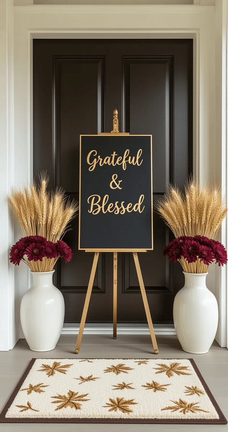 An elegant suburban entryway featuring a 'Grateful & Blessed' sign on a brass easel, flanked by white vases of dried wheat and chrysanthemums, with a plush doormat in front of a dark wood door, all illuminated by soft morning light.