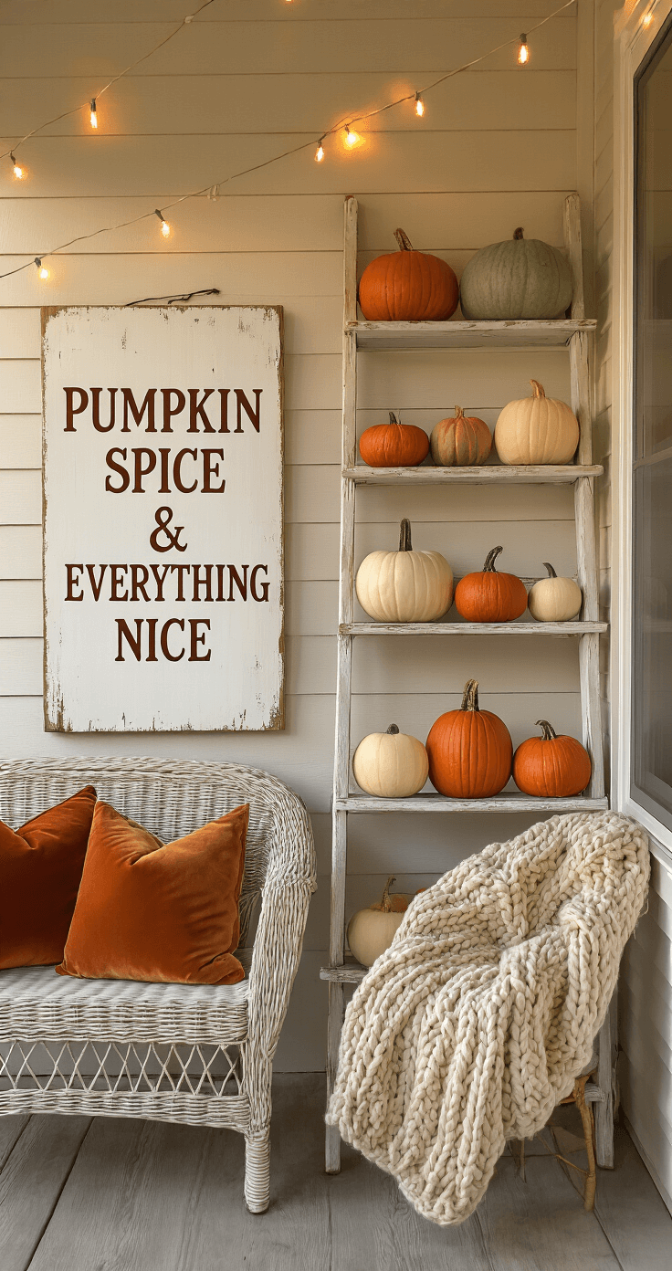 A cozy cottage porch featuring a distressed white sign reading 'Pumpkin Spice & Everything Nice,' leaning against a vintage ladder display with heirloom pumpkins in muted colors. A chunky knit throw and rust-colored pillows adorn a wicker loveseat, while twinkling string lights create a warm glow during golden hour. The bird's-eye view captures the inviting autumn scene with soft backlighting.
