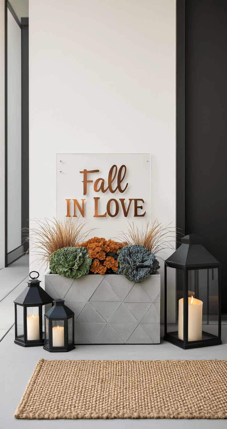 A modern minimalist front stoop featuring a sleek acrylic sign reading 'Fall in Love' in copper metallic vinyl, surrounded by geometric concrete planters with ornamental kale and bronze grasses, matte black lanterns with LED candles, and a textured jute rug, all under overcast afternoon light.