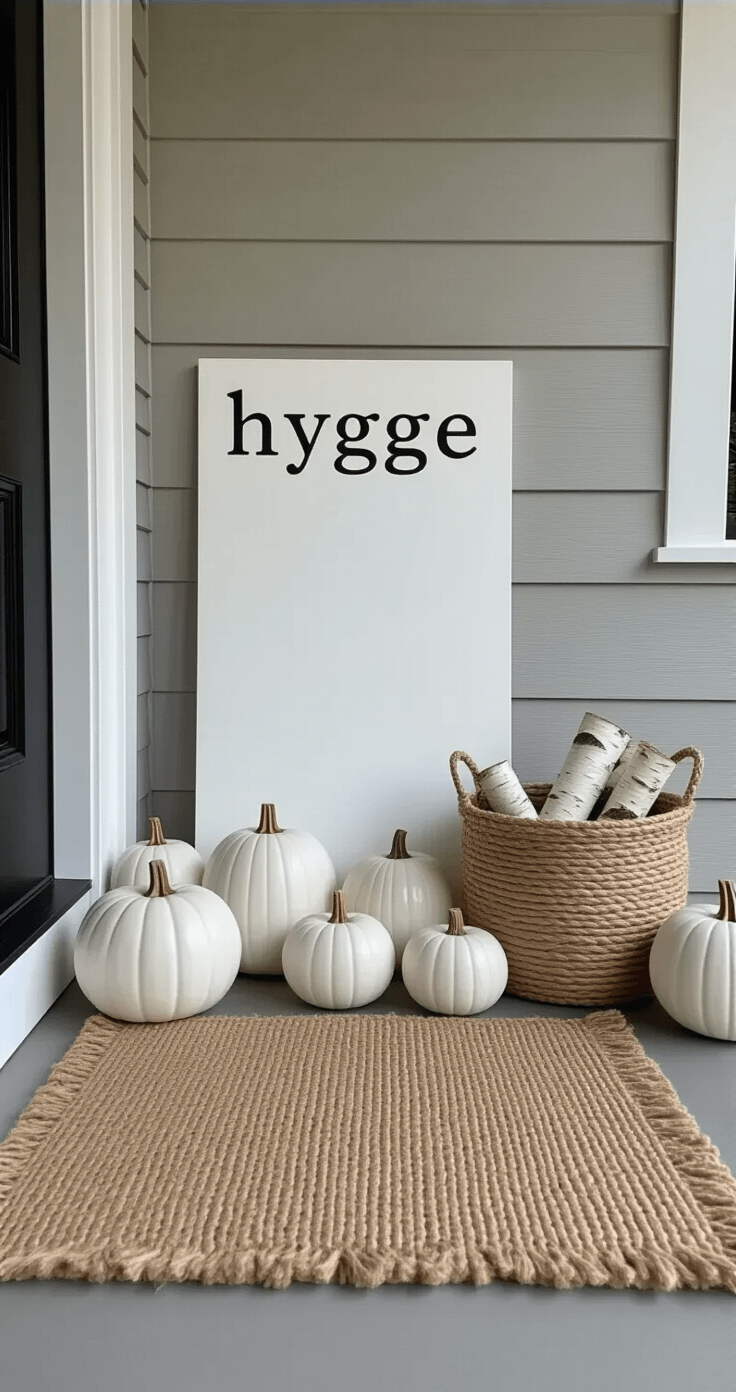 A Scandinavian-inspired front entry featuring a minimalist white wooden sign reading 'Hygge Season' against a light gray exterior. Surrounding the sign are white ceramic pumpkins of various sizes, and a natural jute doormat adds texture. A woven basket filled with birch logs introduces warmth, all framed in bright midday light that emphasizes the clean lines and monochromatic color scheme of white and light wood tones with black accents.
