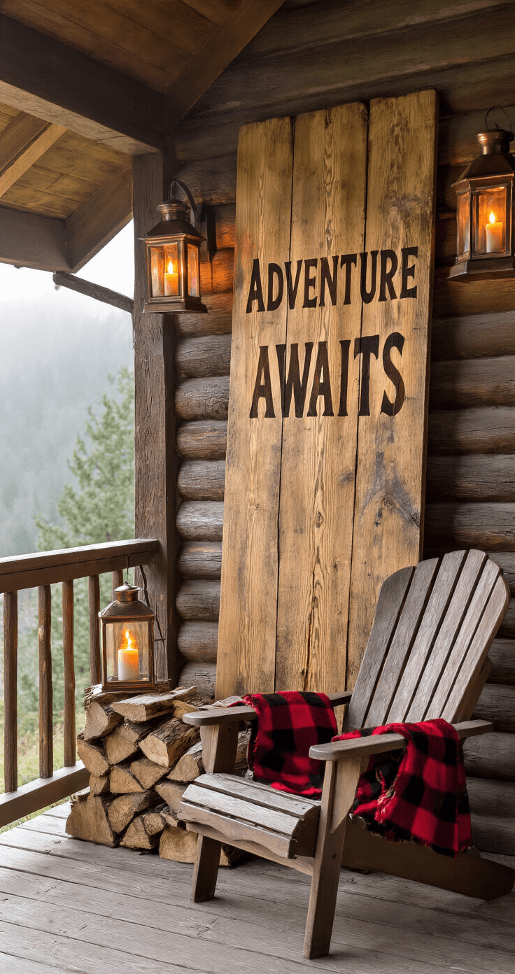 A rustic mountain cabin porch at dawn, featuring a sign that says 'Adventure Awaits,' stacked firewood, flickering copper lanterns, a weathered leather Adirondack chair with a buffalo check blanket, and a serene atmosphere with earthy colors and soft lighting.