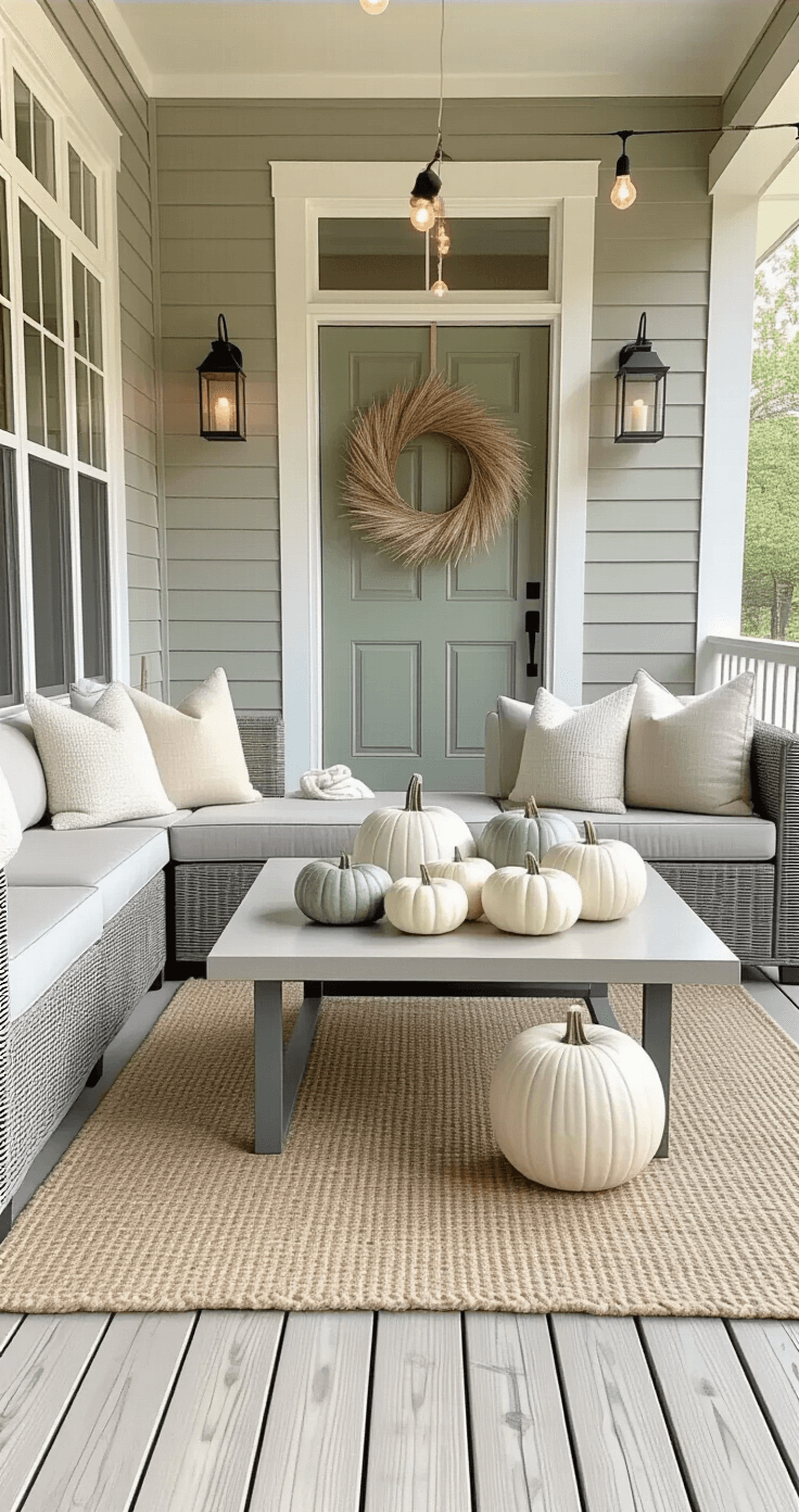 Fall in Love with Your Porch: A Modern Twist on Autumn Decor A serene covered porch with a modern gray wicker sectional, cream and taupe cushions, and a concrete coffee table displaying white and pale green heirloom pumpkins, illuminated by soft afternoon light and accented by a muted sage green door and warm string lights.