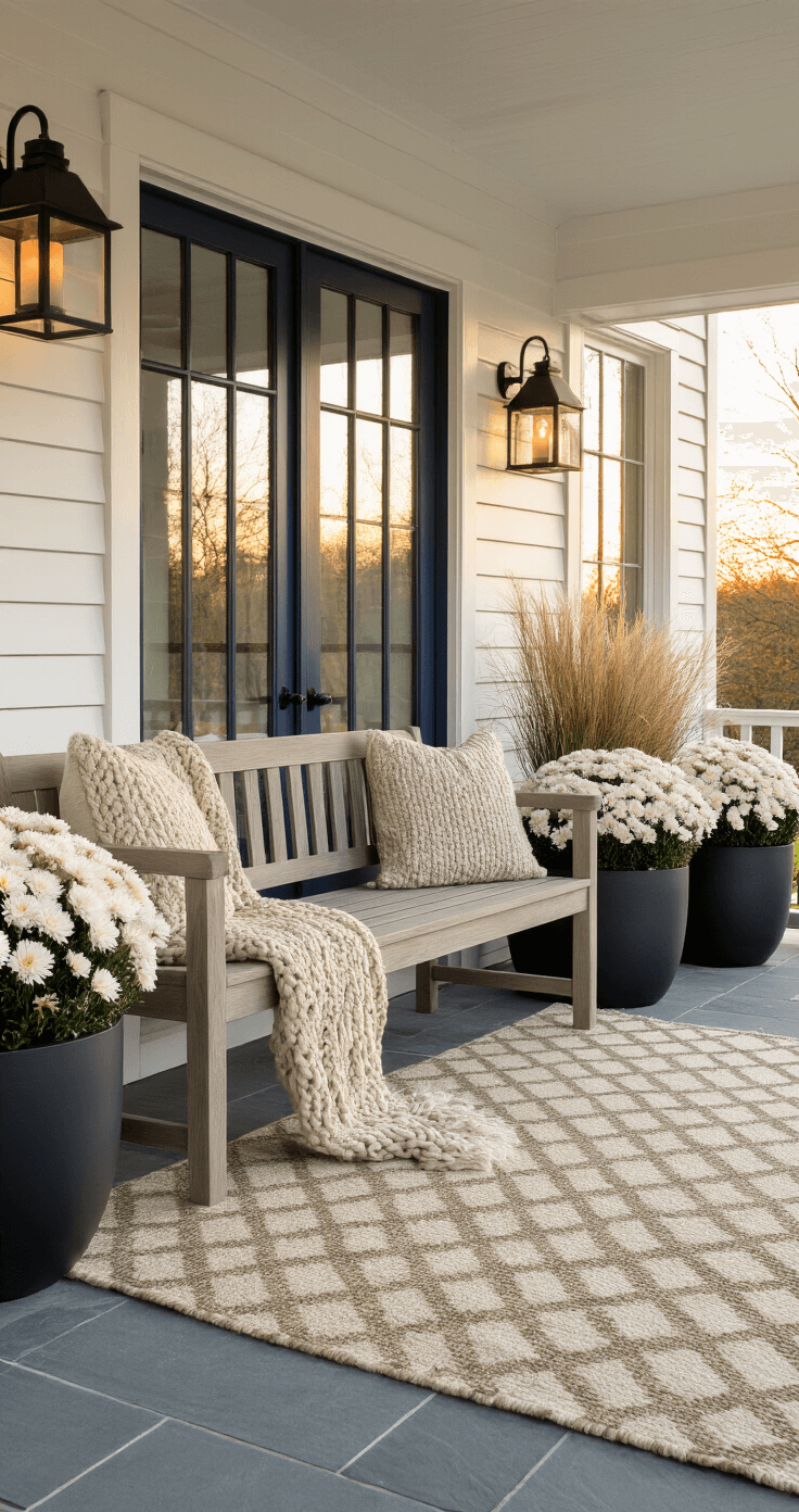 Fall in Love with Your Porch: A Modern Twist on Autumn Decor An intimate front porch at golden hour features a weathered teak bench with a chunky oatmeal knit throw, flanked by minimalist planters with white mums and ornamental grasses. A natural slate floor showcases a geometric patterned outdoor rug in beige and olive. Matte black lanterns with flickering LED candles add warmth, while a deep navy front door and soft wall sconces enhance the cozy autumnal ambiance.