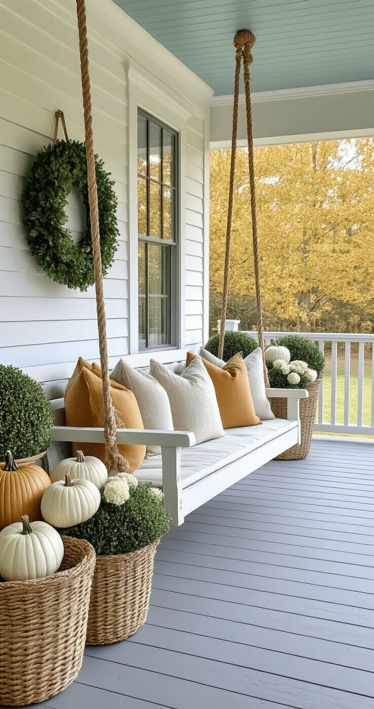 Fall in Love with Your Porch: A Modern Twist on Autumn Decor A modern farmhouse-style porch featuring a large white wood swing adorned with pillows, a collection of woven baskets with green and white pumpkins, faux boxwood topiaries, and a light gray door with a wreath of bleached wheat, all under a soft blue ceiling and wide plank gray-washed oak flooring, illuminated by late morning light.