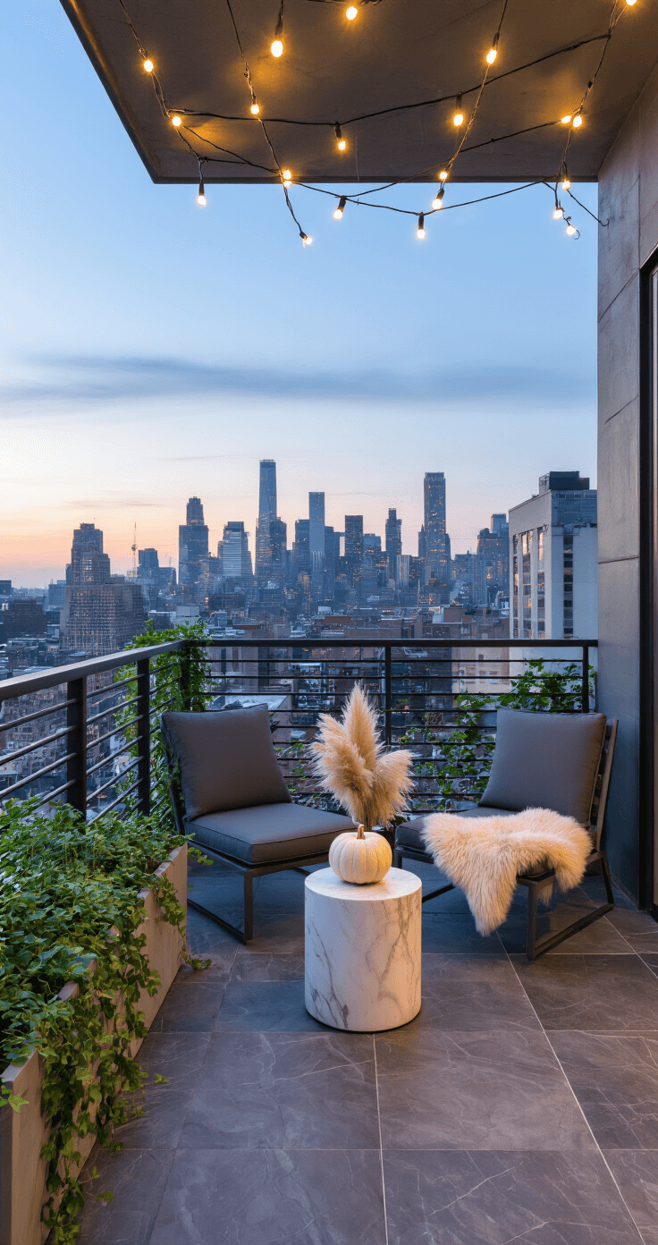 Fall in Love with Your Porch: A Modern Twist on Autumn Decor A contemporary urban balcony porch at dusk features sleek metal railings, trailing ivy in concrete planters, low-slung charcoal gray lounge chairs with sheepskin throws, a round marble-topped side table with dried pampas grass and a large white pumpkin, crisscrossing string lights overhead, large-format deep graphite slate tiles, and a brass floor lamp creating a warm glow and intimate atmosphere.