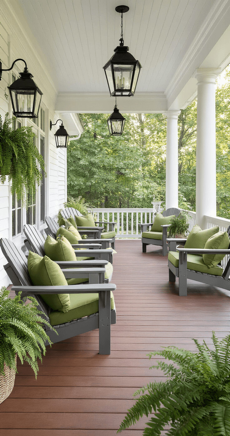 Fall in Love with Your Porch: A Modern Twist on Autumn Decor A serene wraparound porch with modern Adirondack chairs, oversized lanterns, and lush Boston ferns, featuring a glossy black front door adorned with a harvest wreath, all captured in the soft morning light.