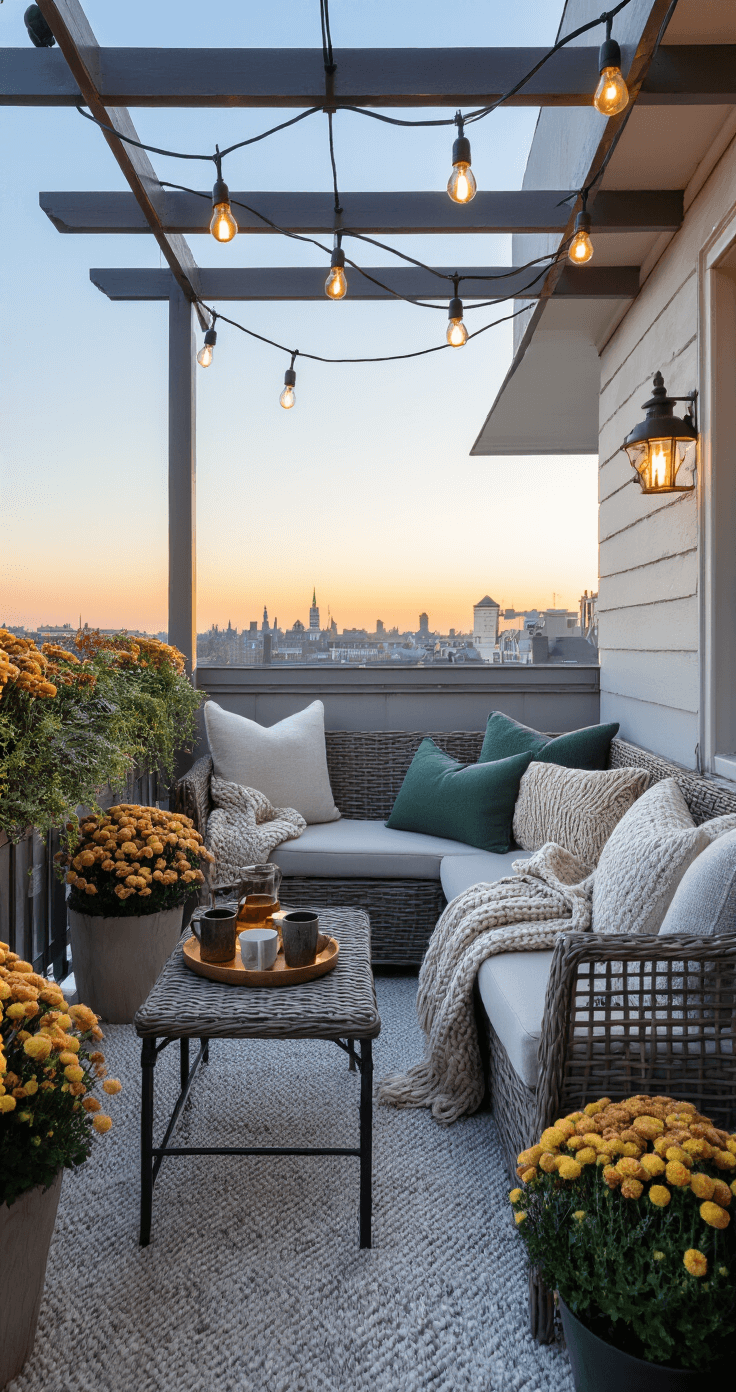 Fall in Love with Your Porch: A Modern Twist on Autumn Decor Cozy fall-themed apartment balcony at blue hour, featuring a wicker loveseat with pillows and a blanket, a bistro table with mugs, Edison bulb lighting, potted mums and white pumpkins, and a modern outdoor heater, all set against rich walnut deck tiles and a glass balcony wall.