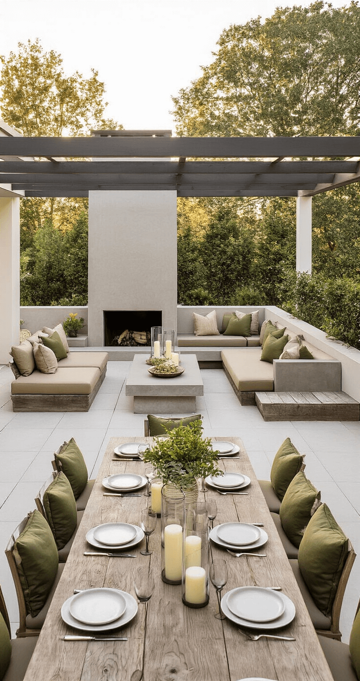 Fall in Love with Your Porch: A Modern Twist on Autumn Decor A spacious covered patio with modern harvest-themed decor featuring sectional seating, a concrete fireplace, a reclaimed wood dining table set for a gathering, and decorative gourds and candles, all bathed in warm afternoon light.