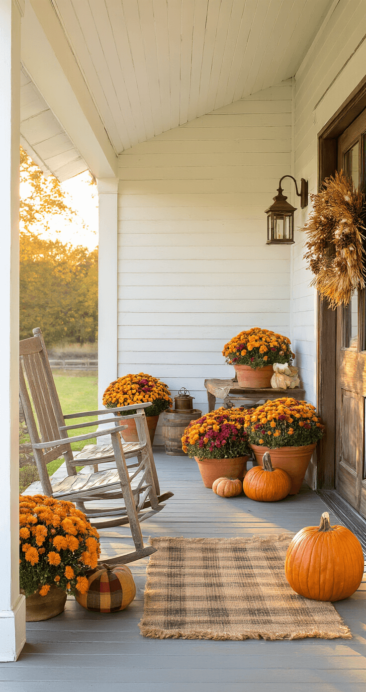 A sunlit farmhouse porch featuring whitewashed wooden planks, weathered rocking chairs, a rustic side table with a copper lantern, vibrant mum planters, stacked heirloom pumpkins, and a vintage wooden door adorned with a decorative wreath, all illuminated by warm golden hour light.