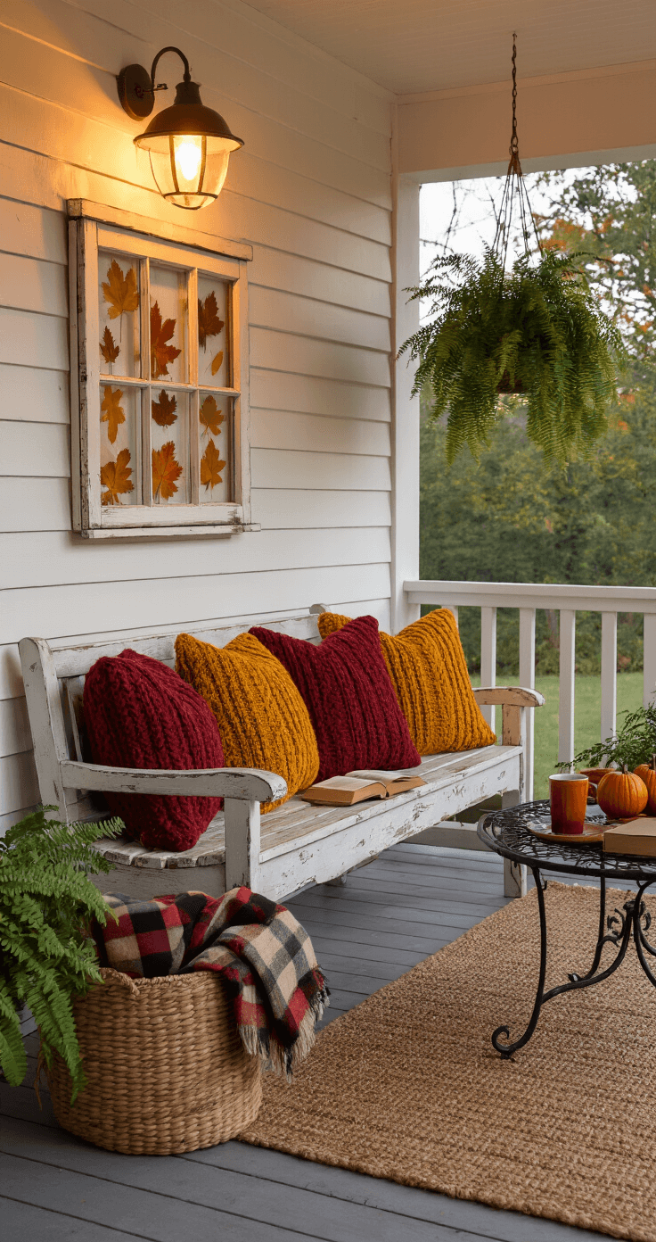 An intimate farmhouse porch at twilight, featuring a distressed wooden bench with cozy pillows, a vintage window frame displaying autumn leaves, a woven basket of throws, and a wrought iron side table with cider and a book, all illuminated by warm lights against a cool blue backdrop.
