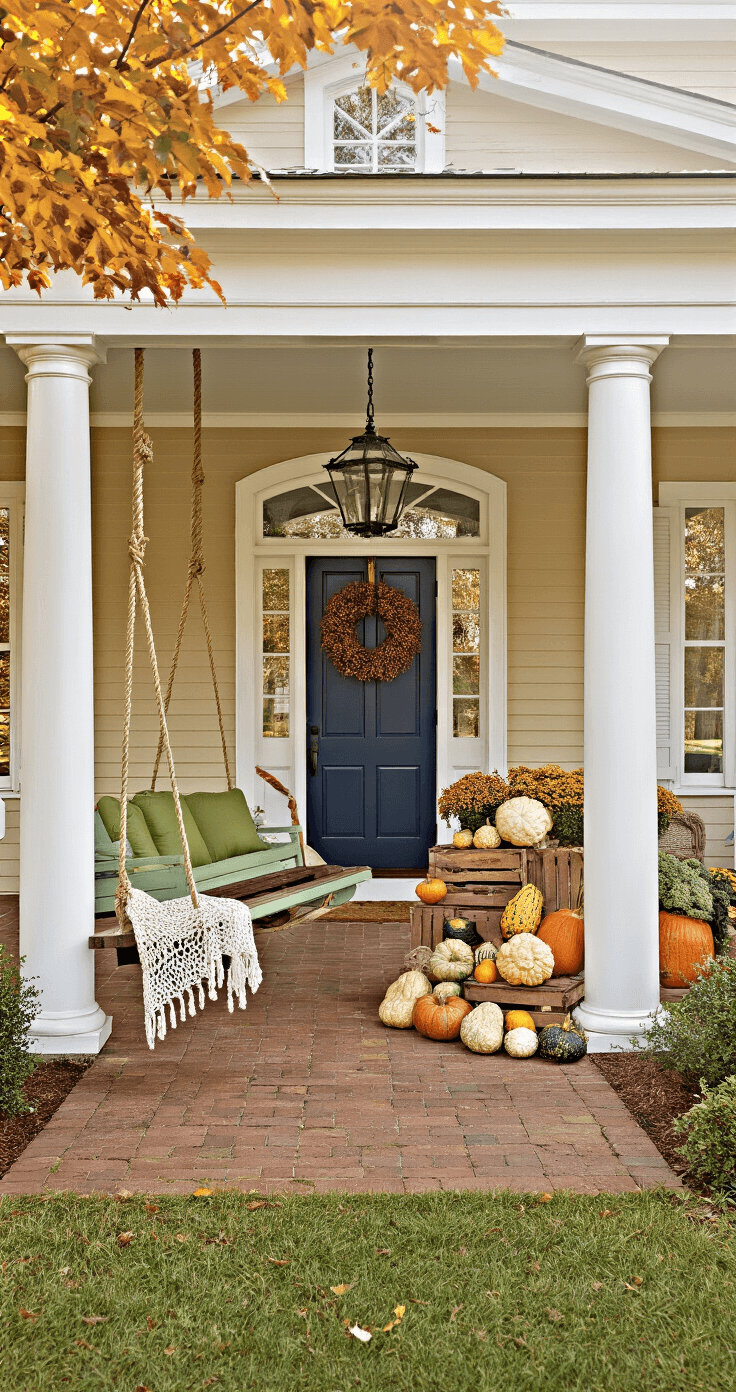 A grand farmhouse entrance features towering white columns, a sage green porch swing with autumn-hued cushions, and vintage apple crates with gourds, bathed in morning mist and framed by a deep navy door and a large grapevine wreath.