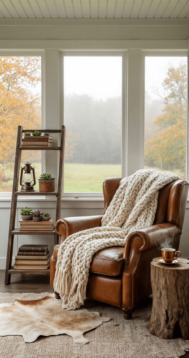 A cozy farmhouse reading nook featuring an oversized cognac leather armchair, a chunky white throw, and a large picture window revealing a misty autumn landscape, all illuminated by warm Edison bulb lights.
