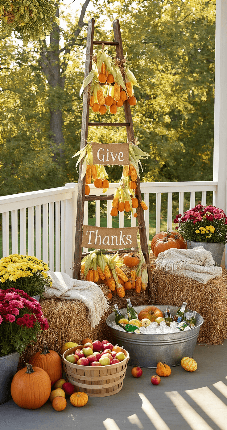 A cozy farmhouse harvest display on a wrap-around porch corner, featuring a vintage wooden ladder draped with corn husks and mini pumpkin garlands, overflowing bushel baskets of apples and gourds, a galvanized metal tub with drinks, straw bale seating with blankets, and a rustic 'Give Thanks' banner, set against the warm glow of the late afternoon sun.