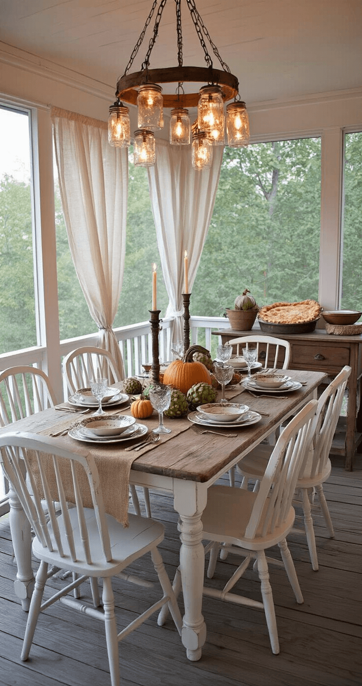 An intimate farmhouse dining setup on a screened-in porch at dusk, featuring a reclaimed wood table for six, mismatched vintage china, tarnished silver, crystal goblets, and a burlap table runner with heirloom pumpkins and candles. A DIY ladder chandelier with mason jars adds soft lighting, while linen curtains billow gently. Windsor-style chairs in chalky white contrast with rich wood tones, and a rustic sideboard displays a homemade pie and mulled cider.