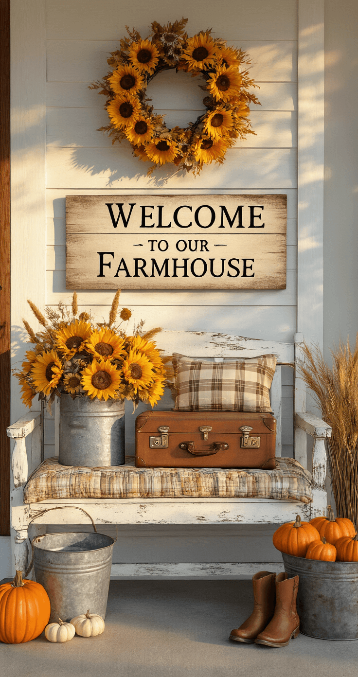 A charming farmhouse vignette beside a front door features an antique bench with a quilted cushion, a vintage suitcase filled with faux sunflowers, a hand-painted 'Welcome to our Farmhouse' sign, a galvanized bucket of pumpkins, leather boots as planters with pansies, and a braided jute rug, all bathed in soft morning light.