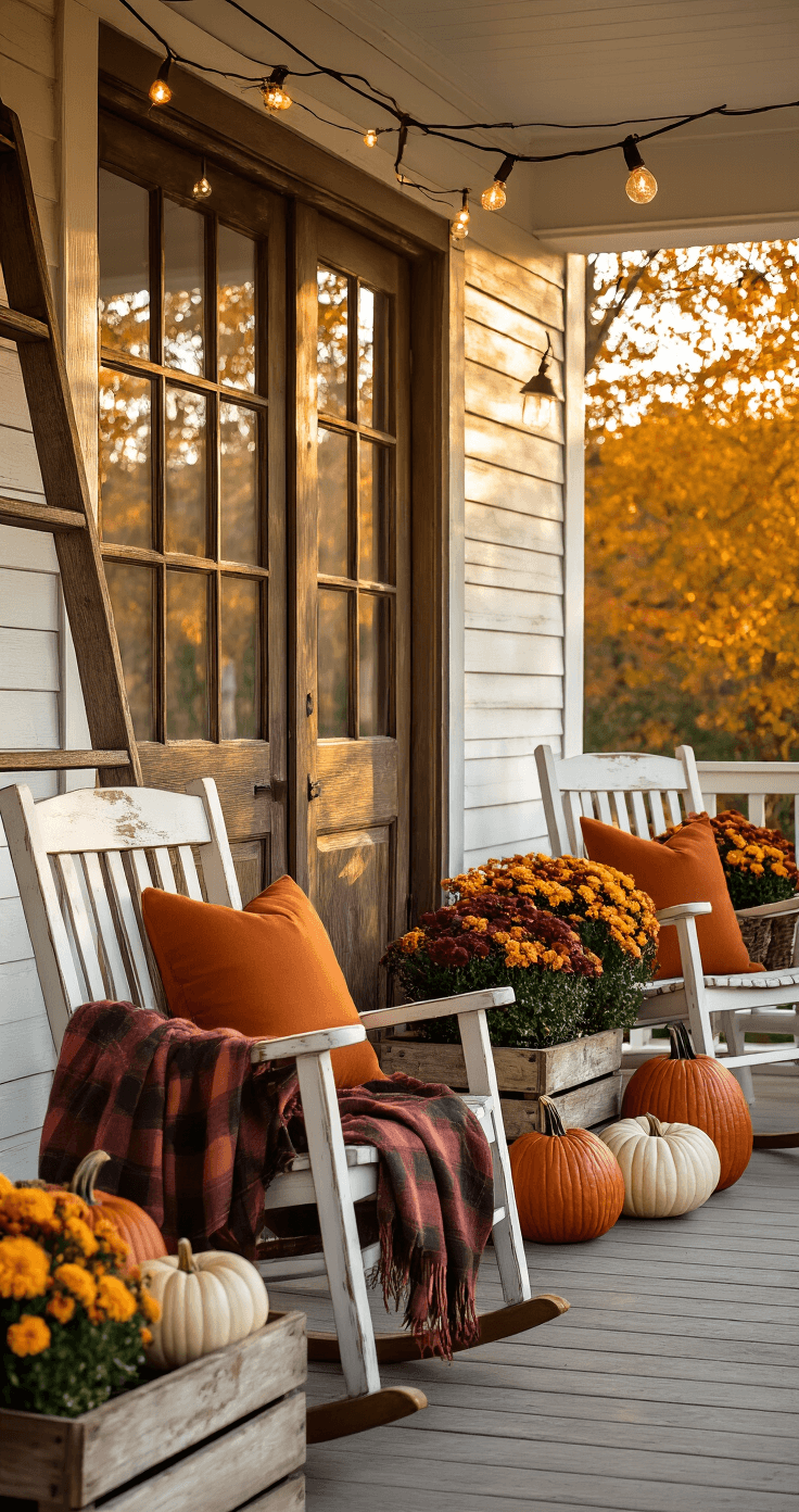 A cozy covered porch at golden hour, featuring a vintage wooden door, tall windows, a rustic ladder with pumpkins, mums in wooden crates, a plaid blanket on a rocking chair, and string lights creating a warm, inviting atmosphere.