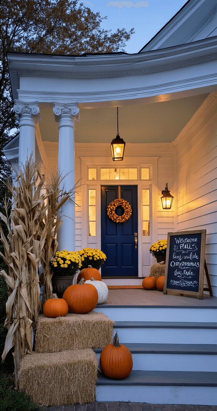 An inviting wraparound porch at dusk, featuring white wood flooring, classic columns, a navy blue door with a harvest wreath, grouped pumpkins, cornstalks framing the entrance, hay bales with potted chrysanthemums, and a vintage chalkboard sign, all illuminated by soft lantern light for a cozy fall atmosphere.