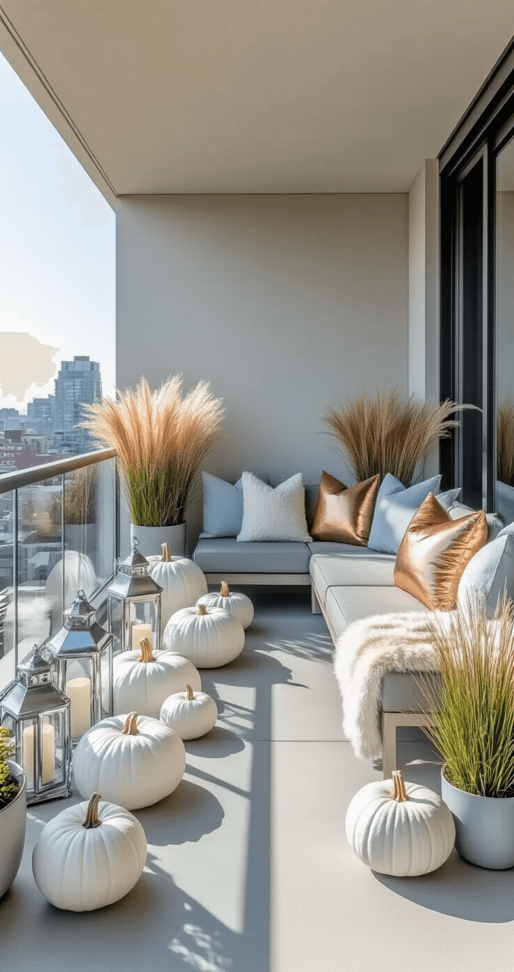 A modern urban balcony with sleek concrete flooring, glass railing, and a minimalist arrangement of white and pale blue pumpkins, interspersed with silver lanterns. A grey loveseat with a faux fur throw and copper pillows sits among potted ornamental grasses, all basking in bright midday light with a city view beyond.