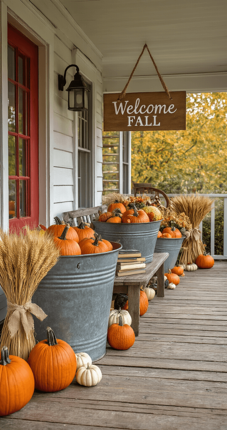 A cozy farmhouse-style porch featuring weathered wooden floorboards leading to a rustic red door, adorned with heirloom pumpkins, dried wheat stalks, and a handmade 'Welcome Fall' sign, all captured in warm, vintage tones.