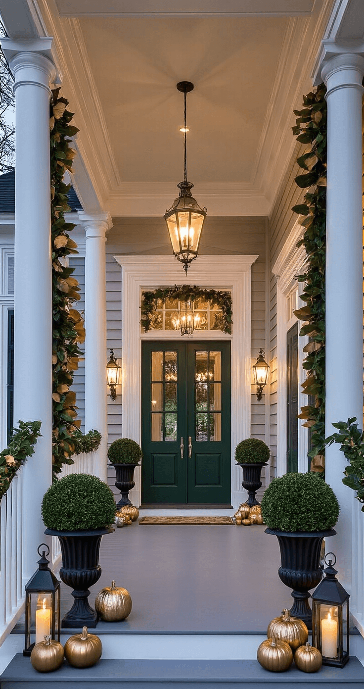 An elegant Southern-style veranda at twilight with white columns, recessed lighting, double forest green doors, topiaries in black urns, magnolia leaf garlands on railings, and a metallic pumpkin centerpiece glowing with candlelight from hurricane lanterns.