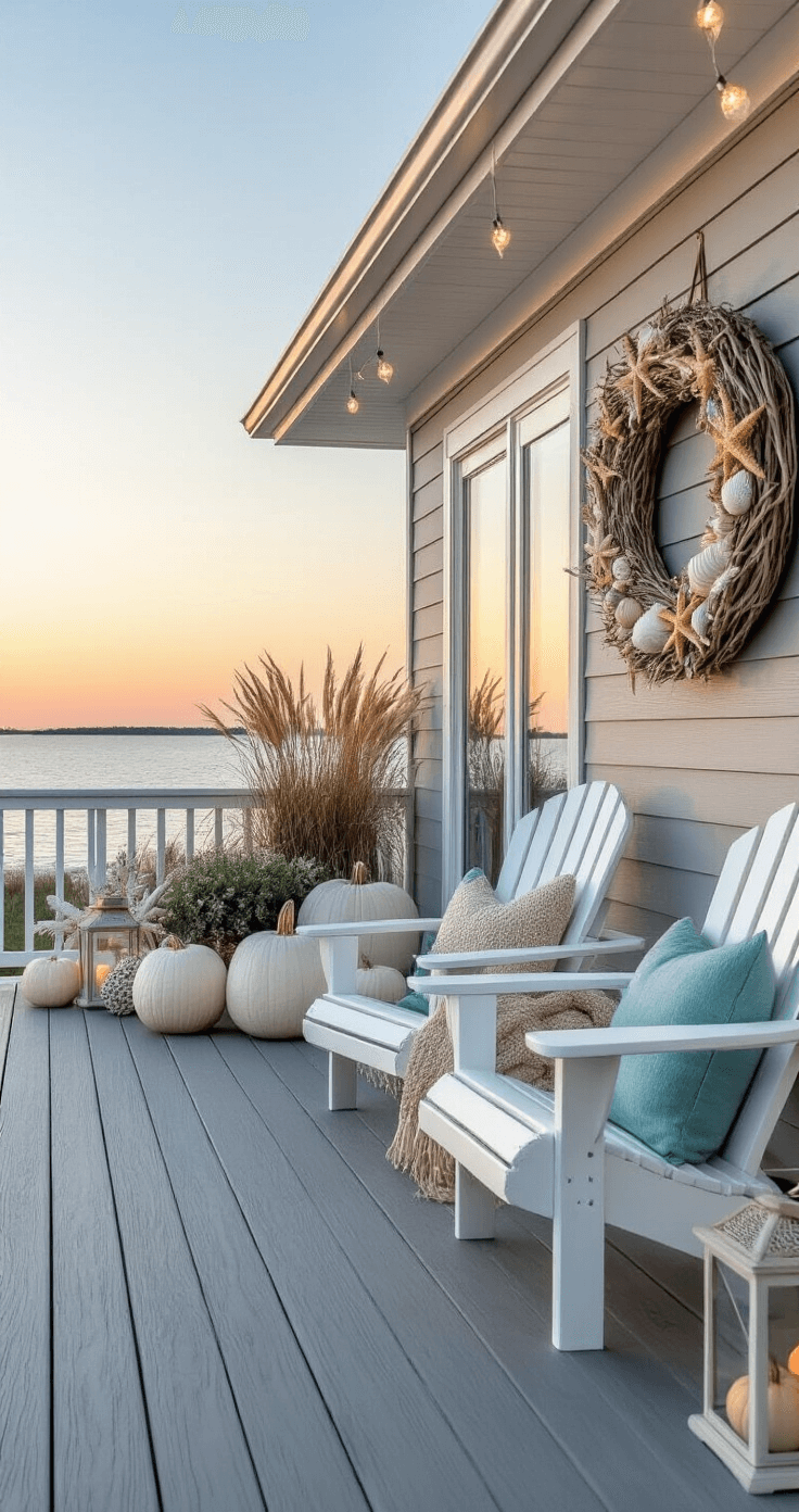 A coastal-inspired deck at sunset features weather-worn grey decking, sliding glass doors, and a driftwood wreath with starfish. White Adirondack chairs with sea glass blue and sandy beige throws are arranged on the deck, alongside an oversized lantern filled with white pumpkins and coral accents. Potted ornamental grasses sway in the breeze, and string lights with seashell accents illuminate the scene, capturing the serene atmosphere with a view of the water beyond.