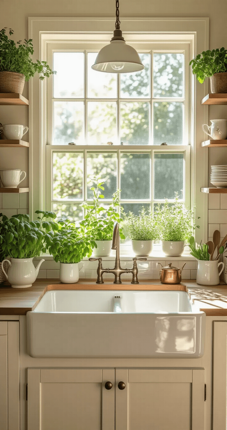 A bright and spacious kitchen featuring a large garden window above a farmhouse sink, filled with a thriving herb garden on glass shelves, surrounded by white shaker cabinets and open shelving displaying vintage teacups and copper cookware, all bathed in soft, early morning light.