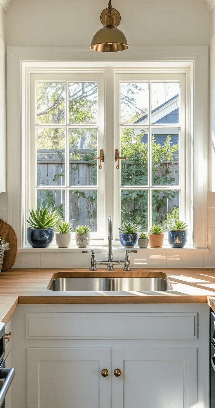 A cozy galley kitchen with a stainless steel sink under a garden window, illuminated by late afternoon golden hour light. The gridded window has two operable panels and is adorned with an eclectic collection of succulents in mismatched pottery on the sill. The butcher block countertop, reflecting long shadows, complements the crisp white and navy blue color scheme with brass hardware accents.
