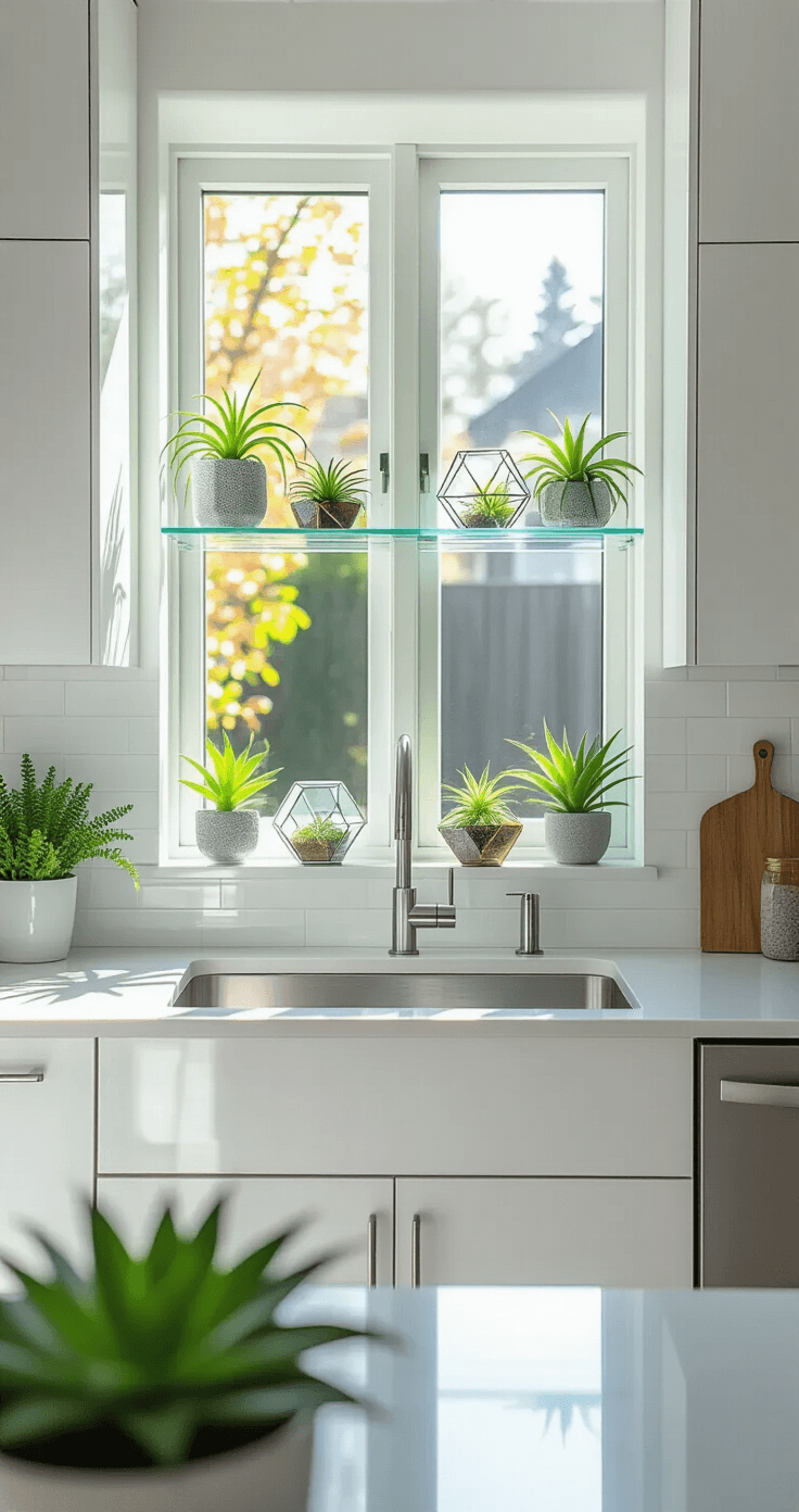 A modern minimalist kitchen featuring a frameless garden window above an undermount sink, illuminated by midday sun, highlighting high-gloss white cabinets and stainless steel appliances. Clear glass shelves with sculptural air plants and geometric terrariums adorn the window, creating a fresh green accent against a grey and white color palette. The scene is captured straight-on from across the kitchen island, showcasing clean lines and reflective surfaces in high-key lighting.