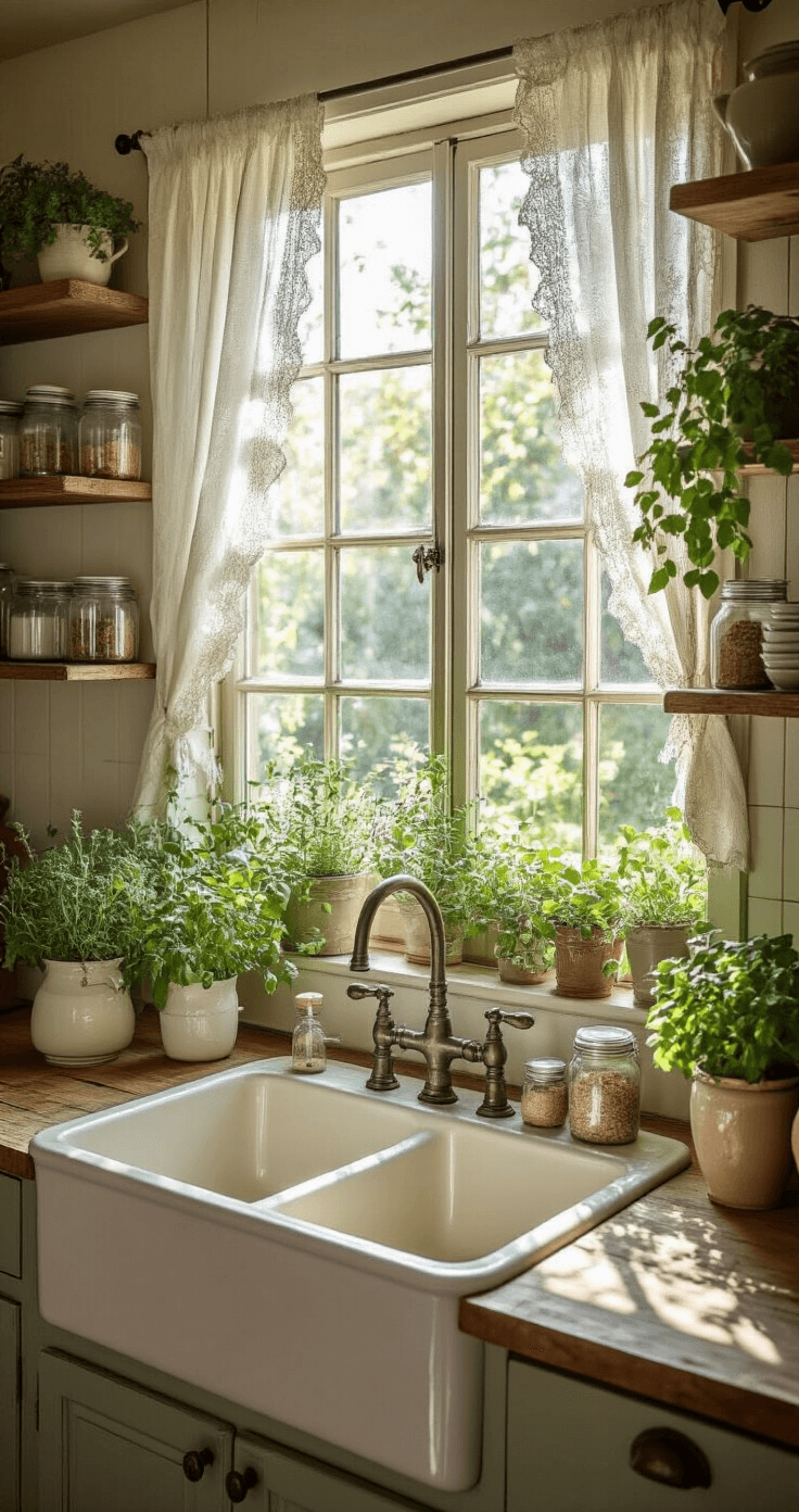 A cozy rustic farmhouse kitchen featuring a large garden window with lace curtains, a deep porcelain sink, and open shelving filled with mason jars and enamelware, bathed in soft late morning light.