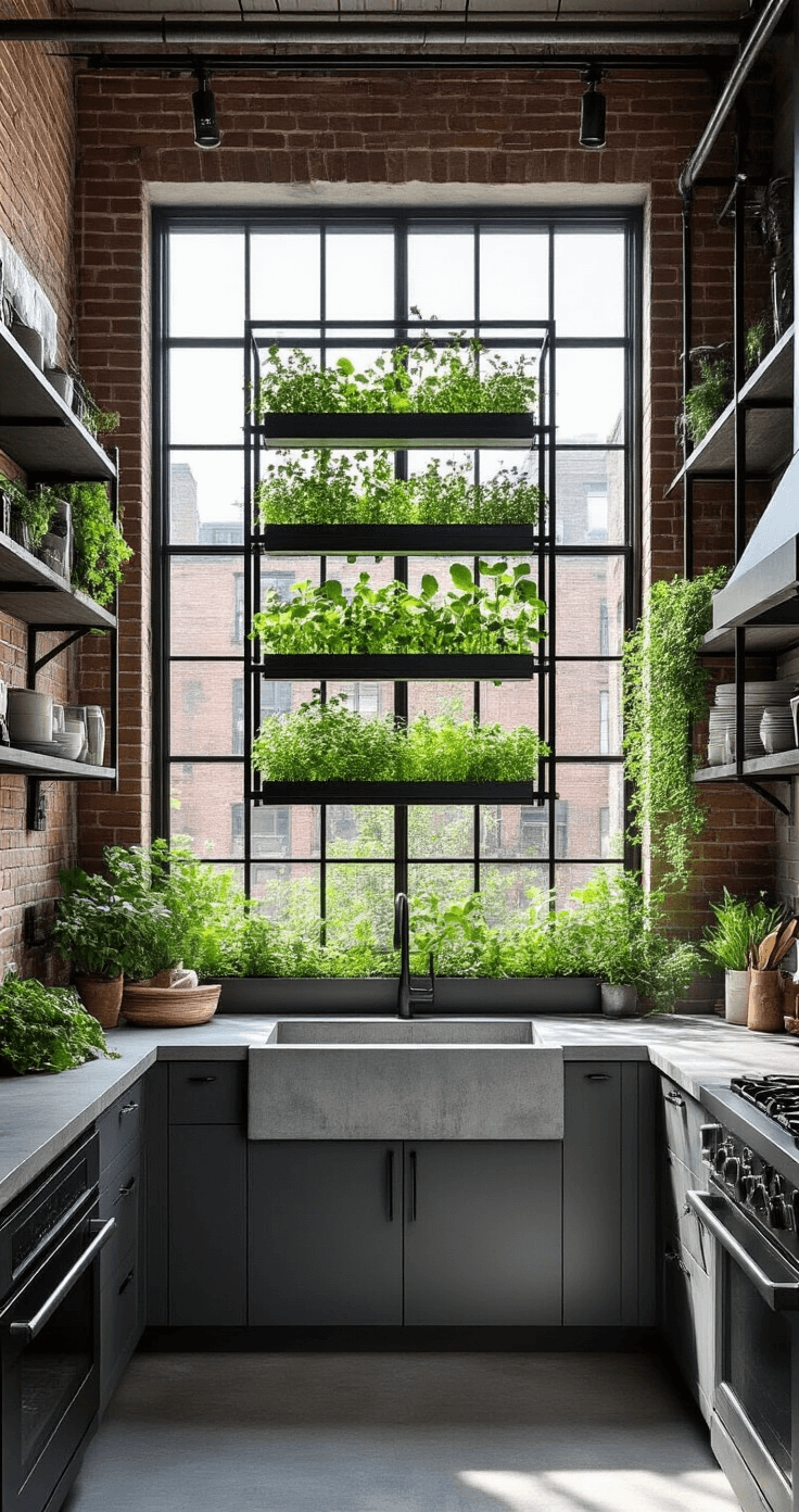 An industrial-chic loft kitchen featuring a contemporary garden window above a concrete sink, showcasing a vertical hydroponic system filled with herbs, with exposed brick walls, pipe shelving, and sleek grey and black cabinets. The scene is illuminated by cool blue afternoon light, creating dramatic shadows and emphasizing the height and architectural details of the space.